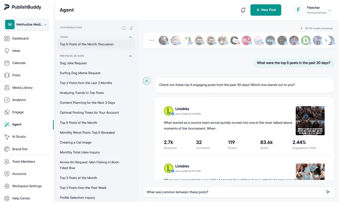 The AI Agent answering “What were the top 5 posts in the past 30 days?” with post cards showing reactions, comments, shares, reach and engagement rate