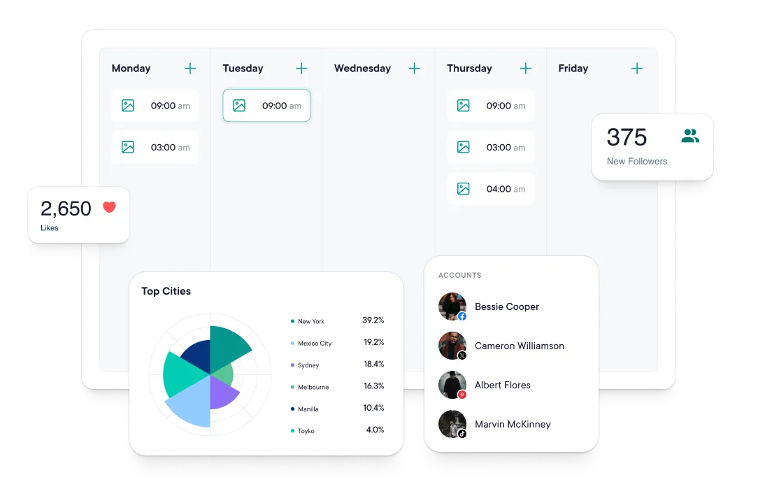 A week of scheduled posts in PublishBuddy, with likes, new followers, top cities and connected accounts